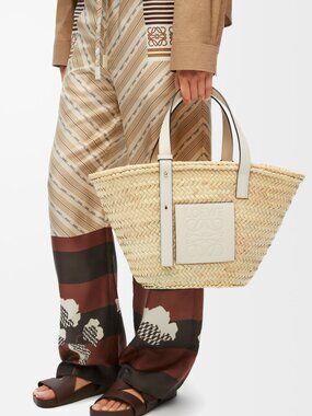 Loewe basket tote bag in natural palm leaf, and white calf skin